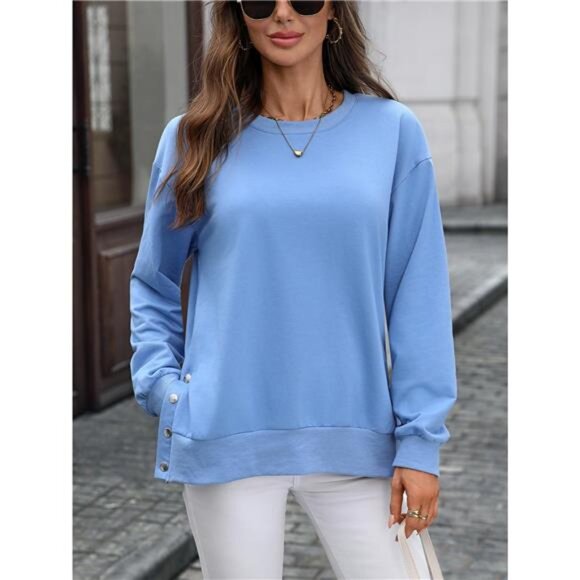 Side Snap Round Neck Sweatshirt - Picture 1 of 14